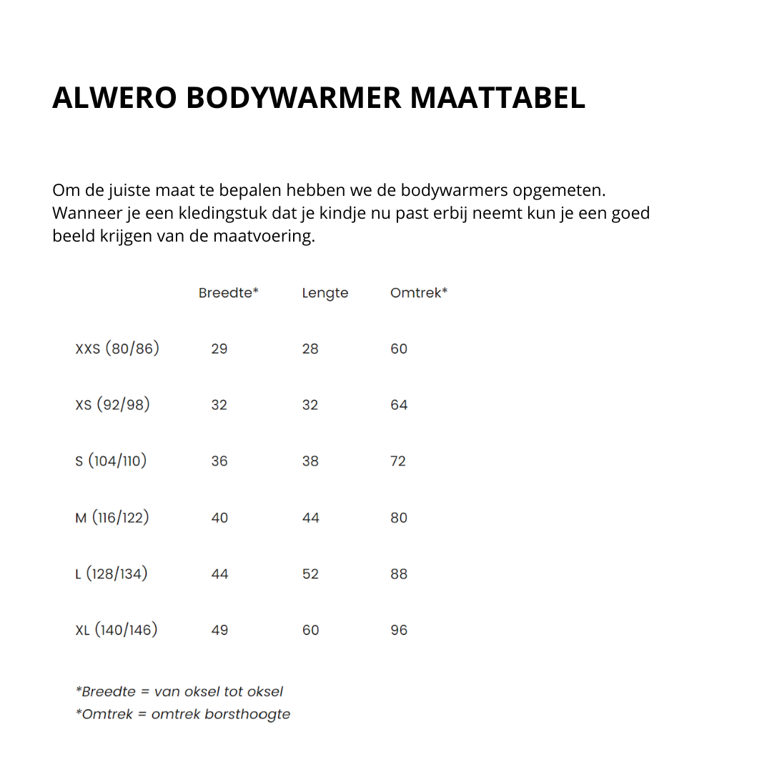 Maattabel junior bodywarmer Alwero.