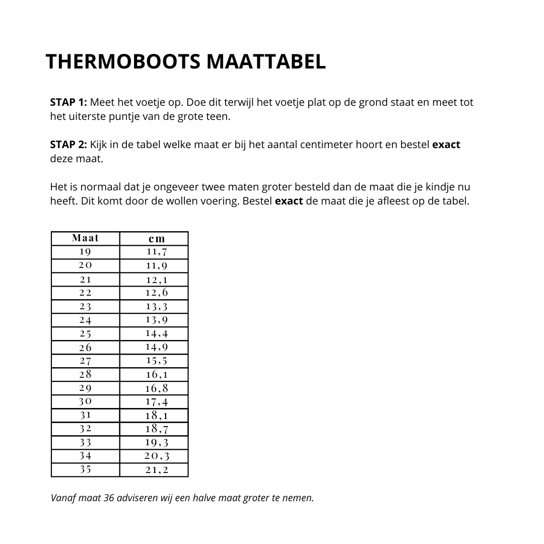 Thermoboots maattabel.