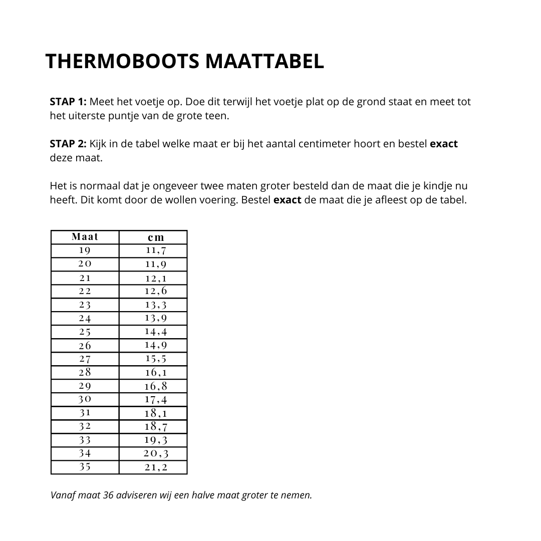 Thermoboots maattabel. 