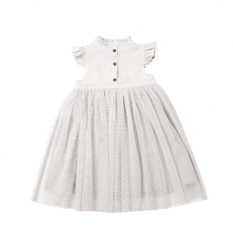 tule off white jurk voor kinderen (meisjes) met twee knoopjes en korte mouw van Donsje